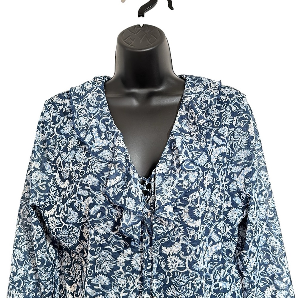 Chaps Denim Blue & White Paisley Ruffle Collar Lace-up neck 3/4 Sleeve Top Sz XL - Picture 2 of 9